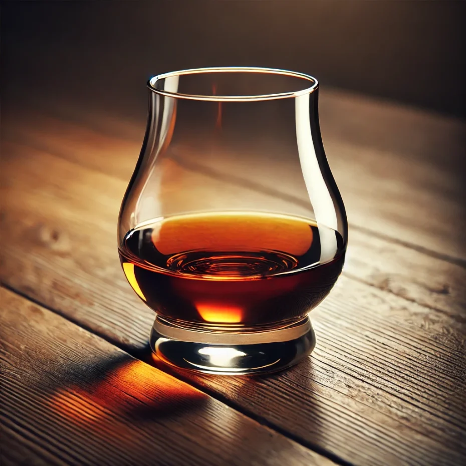 DALL·E 2024-10-22 15.16.25 - A close-up, realistic image of a Glencairn whisky glass sitting on the corner of a wooden table. The glass is 2_4 full with dark amber whisky, showcas