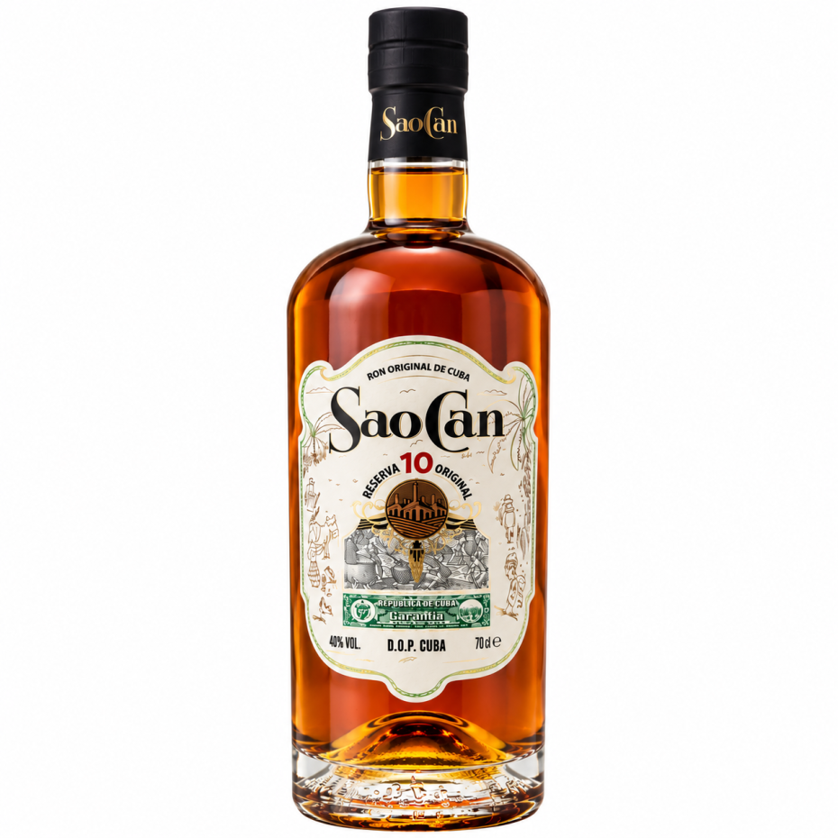 Sao Can Reserva 10 Original Cubaanse rum, 70 cl, amberkleurige fles met zwart etiket en witte achtergrond.