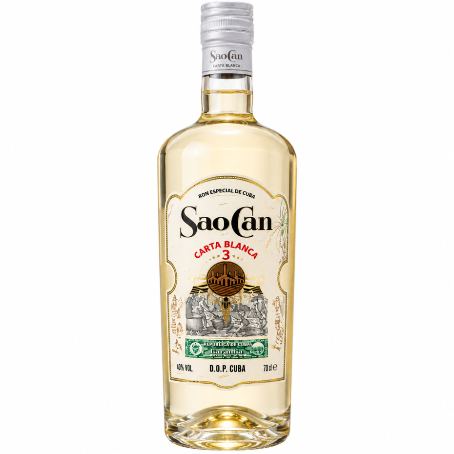 Sao Can Carta Blanca 3 Cubaanse witte rum, 70 cl, heldere fles met zilverkleurige dop op witte achtergrond.
